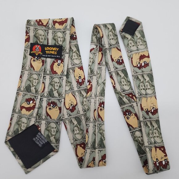Tasmanian Devil and Money Necktie by Looney Tunes 1997 Green Polyester 57.5" L 3 - Picture 4 of 6